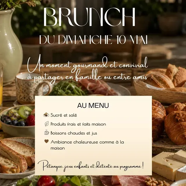 Affiche pour buffet brunch avec viennoiseries, café et menu détaillé dans des tons beiges et bruns chauds.
