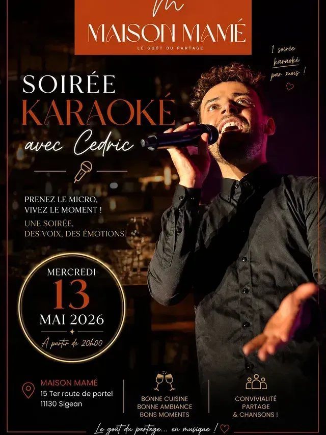 Affiche pour une soirée karaoké, avec un chanteur tenant un micro, design or foncé et noir.