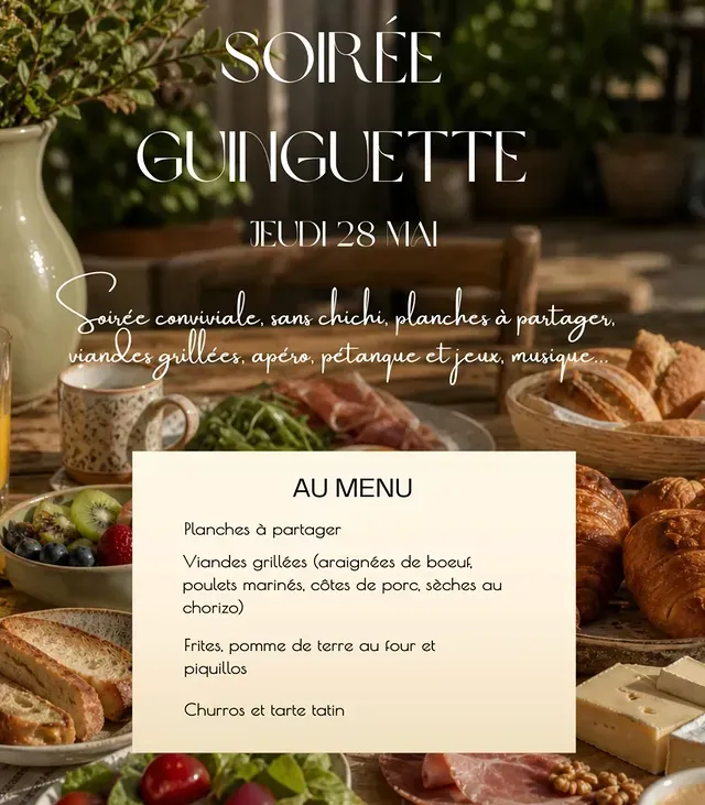 Affiche de soirée guinguette avec menu, sur fond de table gourmande et ambiance rustique