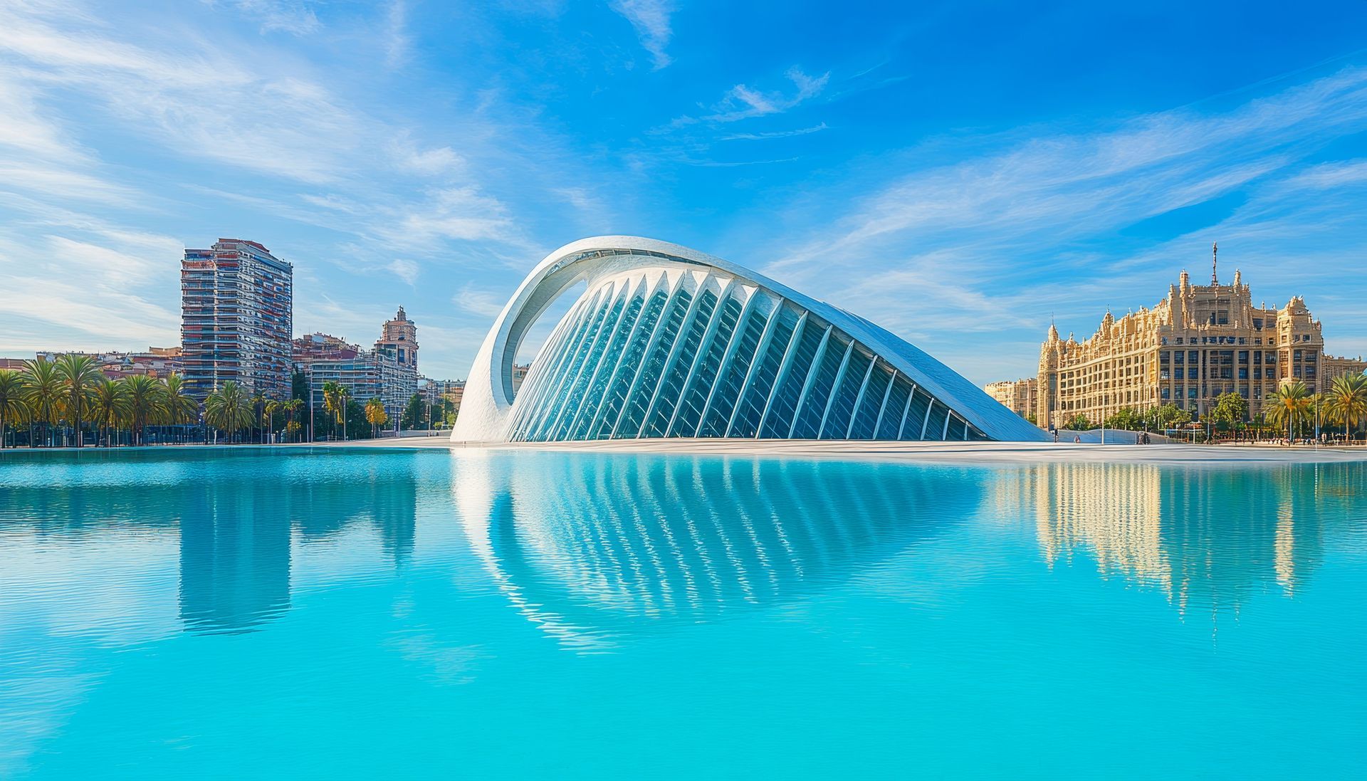 Un gran edificio se refleja en una gran masa de agua.