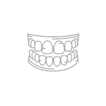 Un dibujo lineal de un conjunto de dientes sobre un fondo blanco.