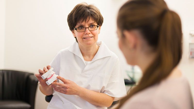 Eine Frau hält ein Zahnmodell, während sie mit einer anderen Frau spricht.