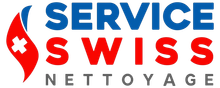 Logo pour Service Swiss Nettoyage avec un emblème rouge et blanc et un texte bleu et rouge.