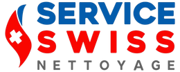 Logo : « SERVICE » bleu, « SWISS » rouge et « NETTOYAGE » gris. Drapeau suisse rouge et blanc inclus.