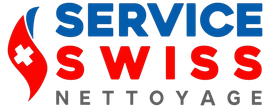 Logo pour Service Swiss Nettoyage avec un emblème rouge et blanc et un texte bleu et rouge.