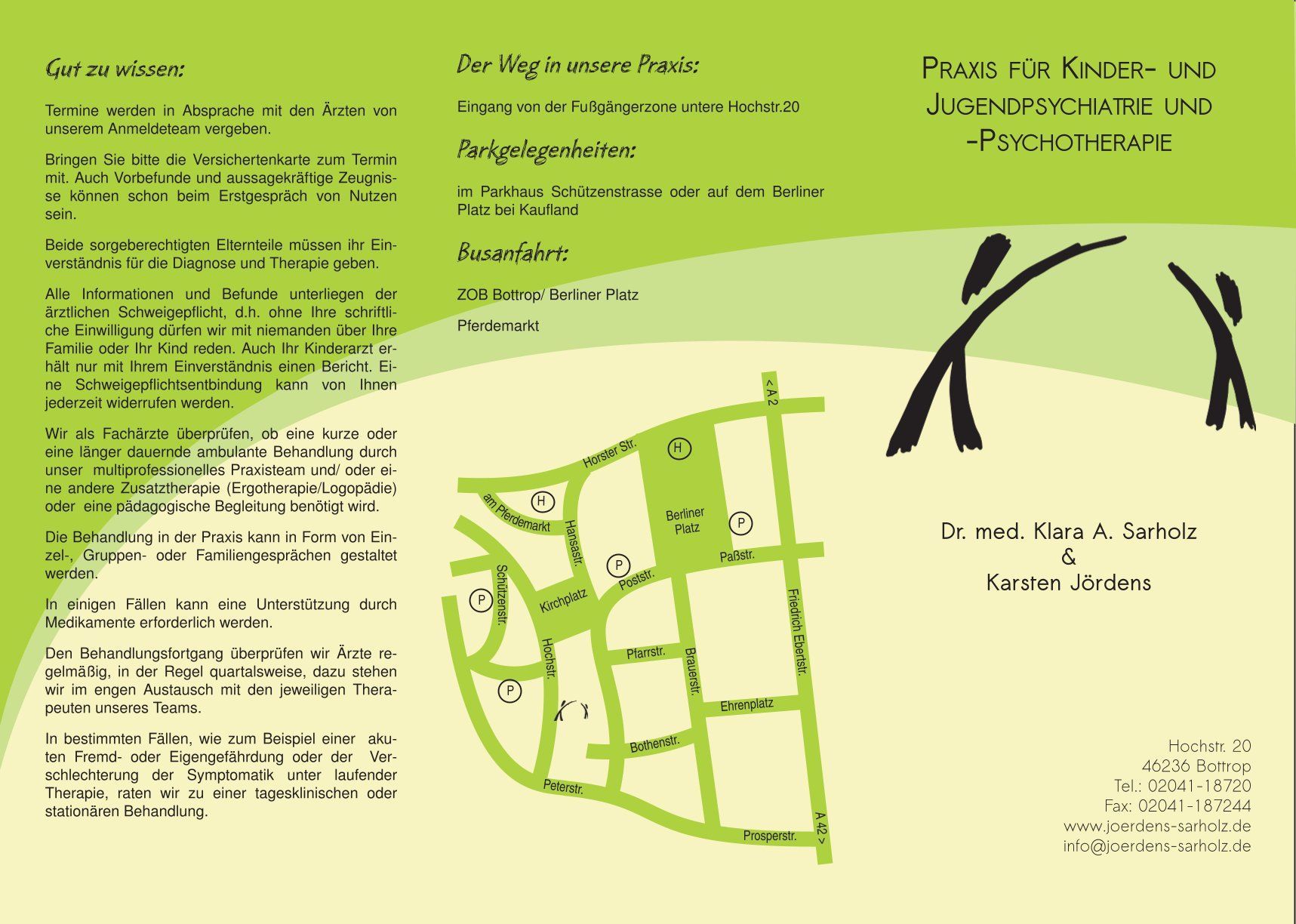 Broschüre für Kinder- und Jugendpsychotherapie mit Karte und stilisierten Figuren in Grün und Beige.