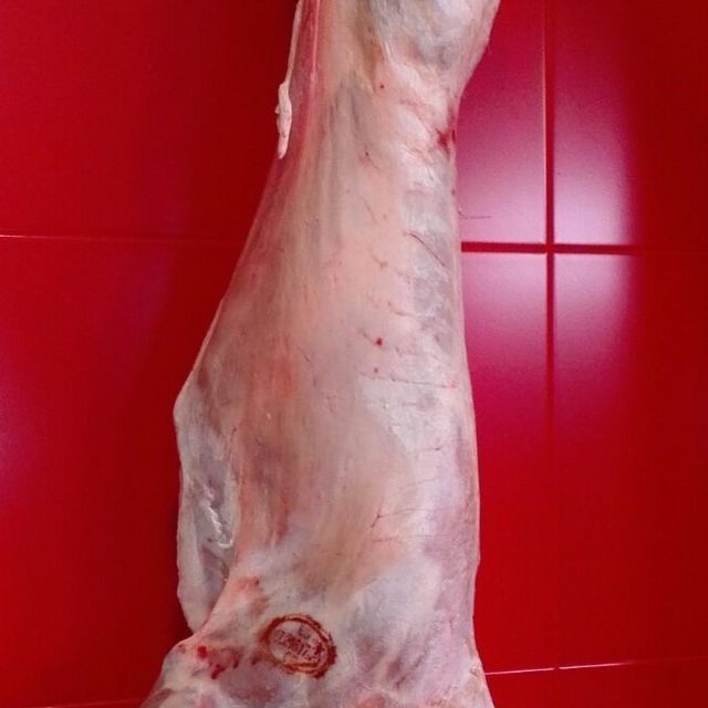 Un trozo de carne está colgado en una pared roja.