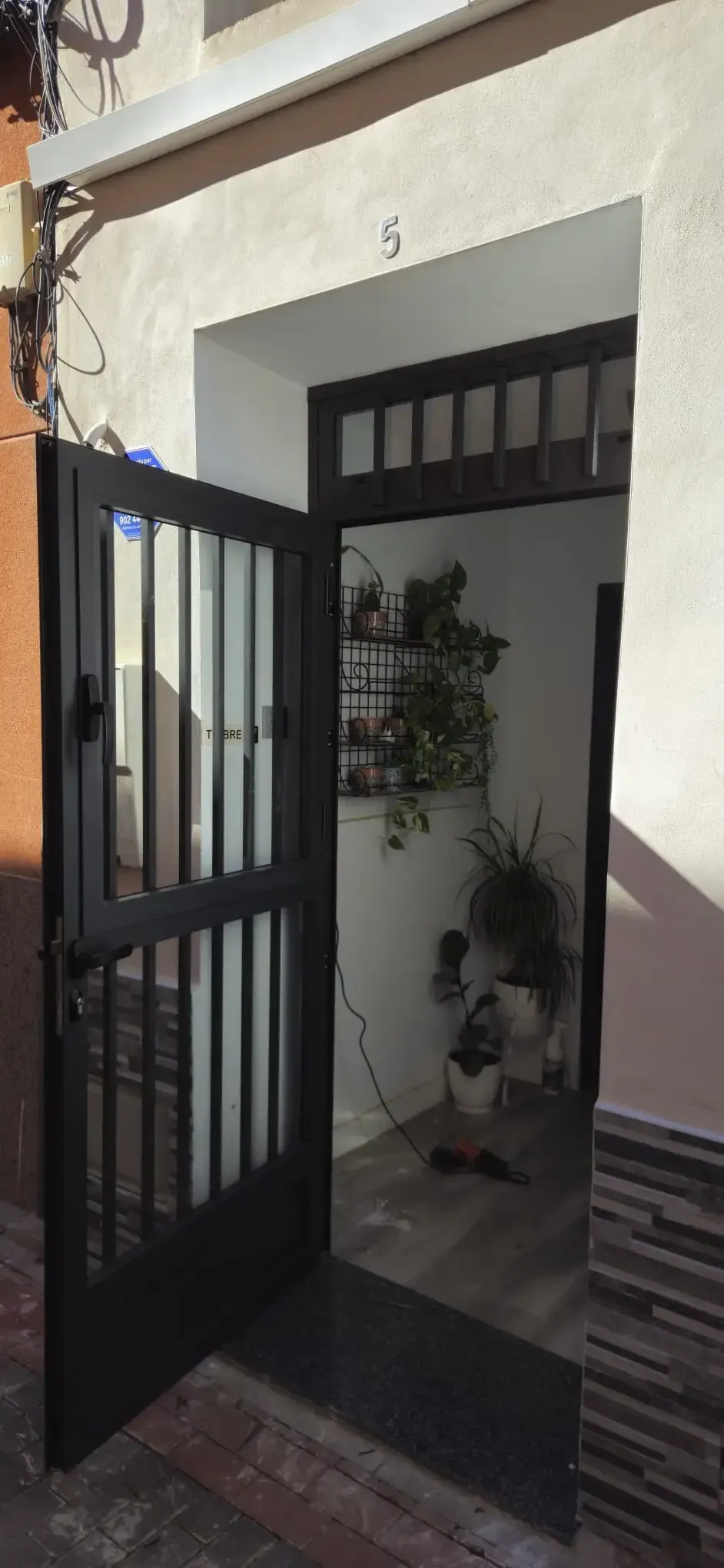 Puerta de metal negro abierta en la entrada de una casa con una planta en maceta dentro.