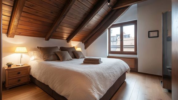 Chambre mansardée confortable avec plafond en bois incliné, lit queen size, lampe de chevet et fenêtre