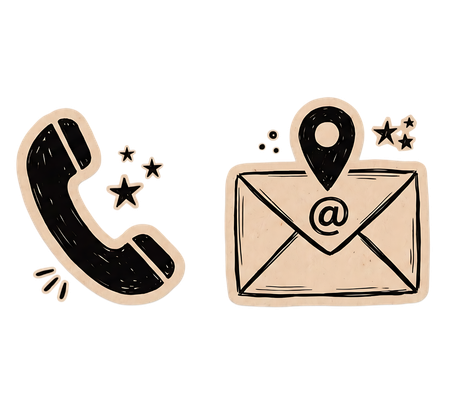 Téléphone noir et enveloppe avec des icônes d'épingle @, suggérant des informations de contact et une adresse e-mail.