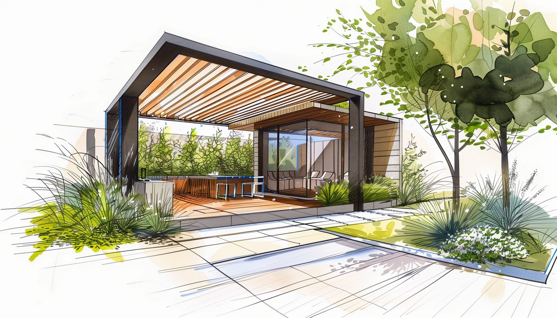 Patio extérieur moderne avec pergola en bois, sièges et verdure environnante dans un jardin lumineux