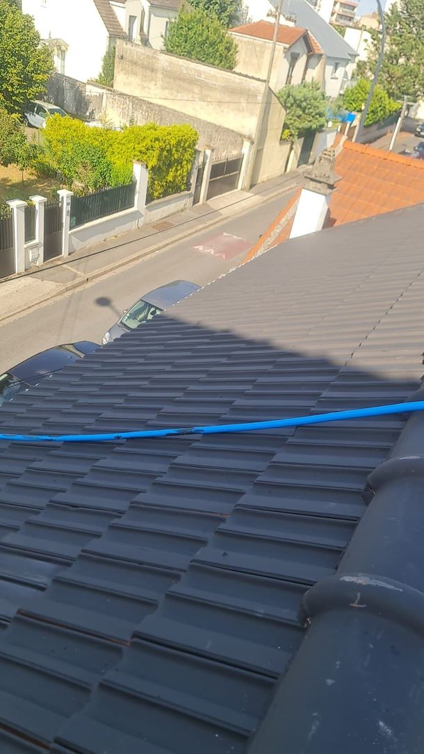 Vue depuis un toit donnant sur une rue résidentielle bordée de maisons et d'une corde ou d'un câble bleu tendu sur le toit.