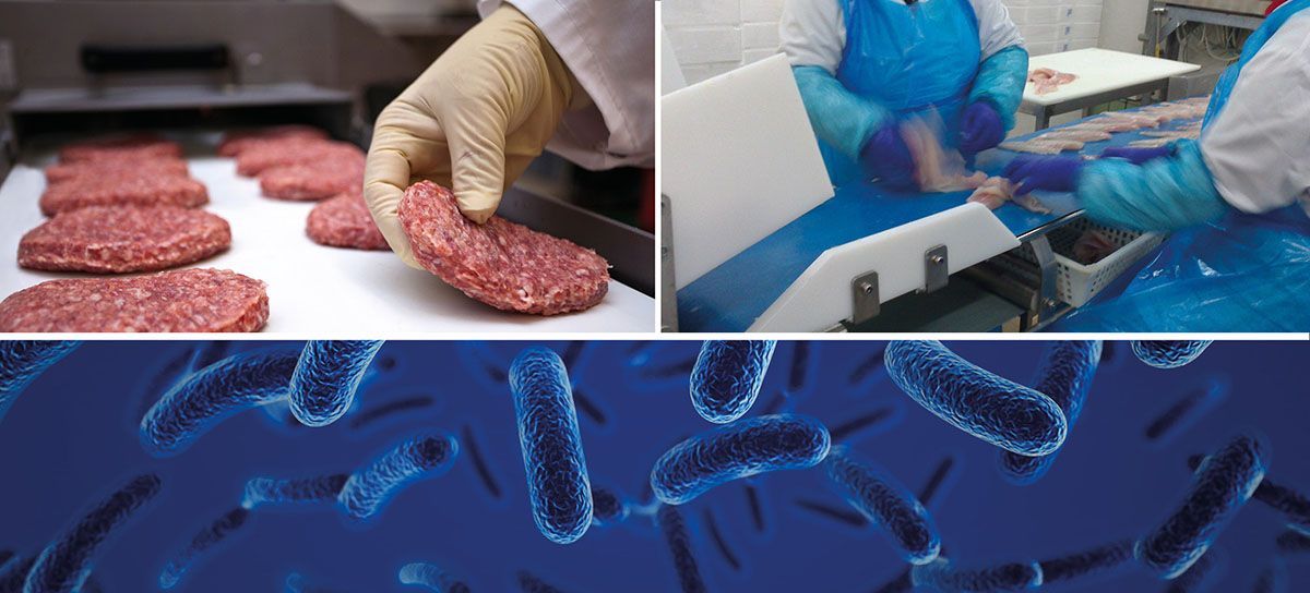 Un collage de tres imágenes de carne procesándose en una fábrica.