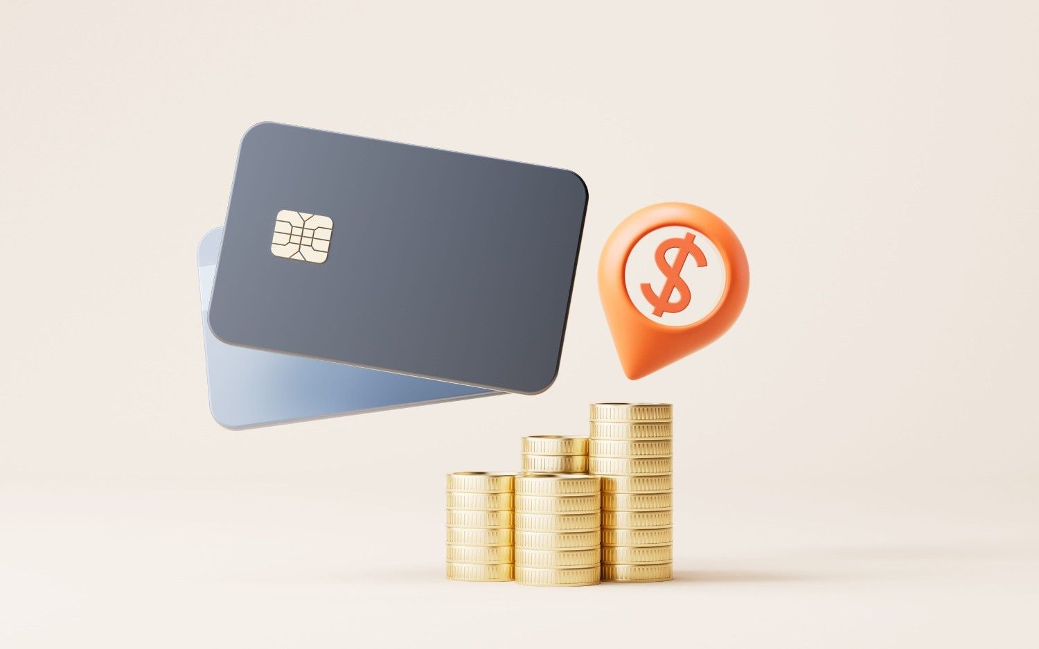 Tarjetas de crédito, monedas de dólar y monedas de oro apiladas que simbolizan el pago y el ahorro.