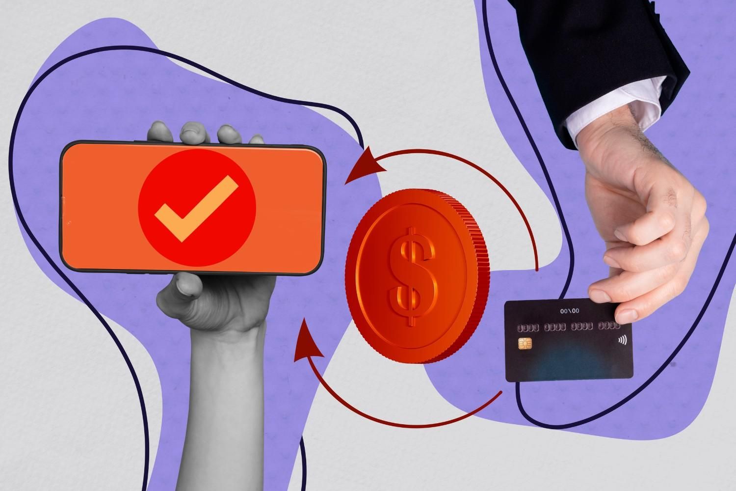 Mano sosteniendo un icono de verificación roja, una moneda de dólar naranja y una tarjeta de crédito sobre un fondo morado.