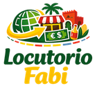 Logotipo de Locutorio Fabi con globo terr&aacute;queo, palmera, fachada de tienda, s&iacute;mbolos de euro e iconos de tel&eacute;fono en verde, amarillo, rojo y naranja.