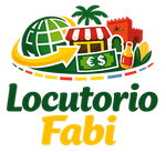 Logotipo de Locutorio Fabi con globo terr&aacute;queo, palmera, fachada de tienda, s&iacute;mbolos de euro e iconos de tel&eacute;fono en verde, amarillo, rojo y naranja.