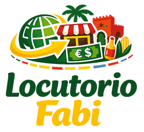 Logotipo de Locutorio Fabi con globo terr&aacute;queo, palmera, fachada de tienda, s&iacute;mbolos de euro e iconos de tel&eacute;fono en verde, amarillo, rojo y naranja.