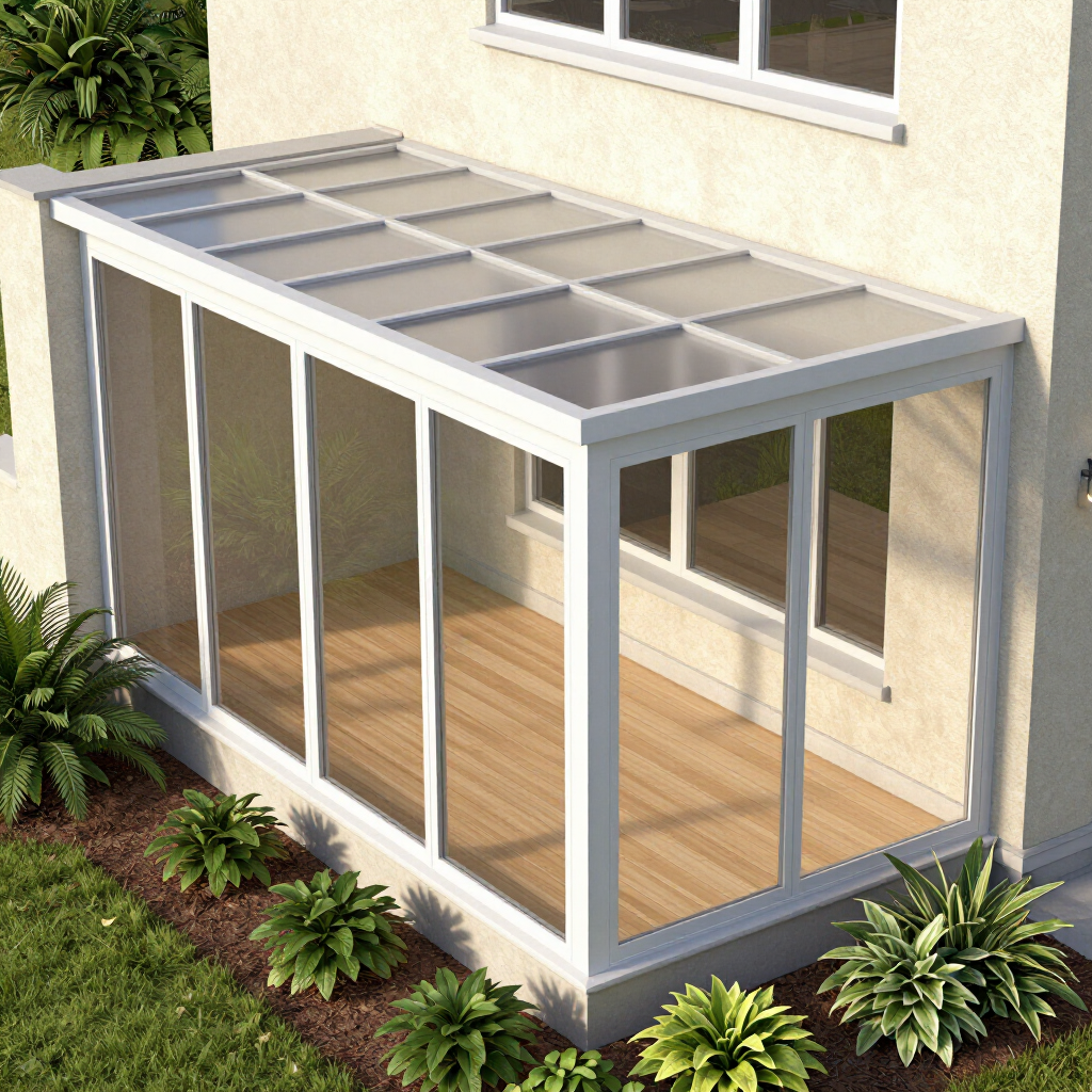 Véranda vitrée attenante à la maison, avec une structure blanche et un plancher en bois.