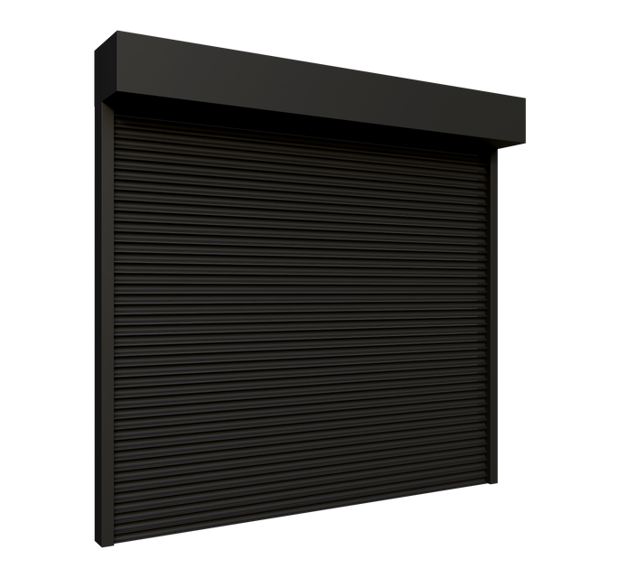 Volet roulant noir avec caisson supérieur.