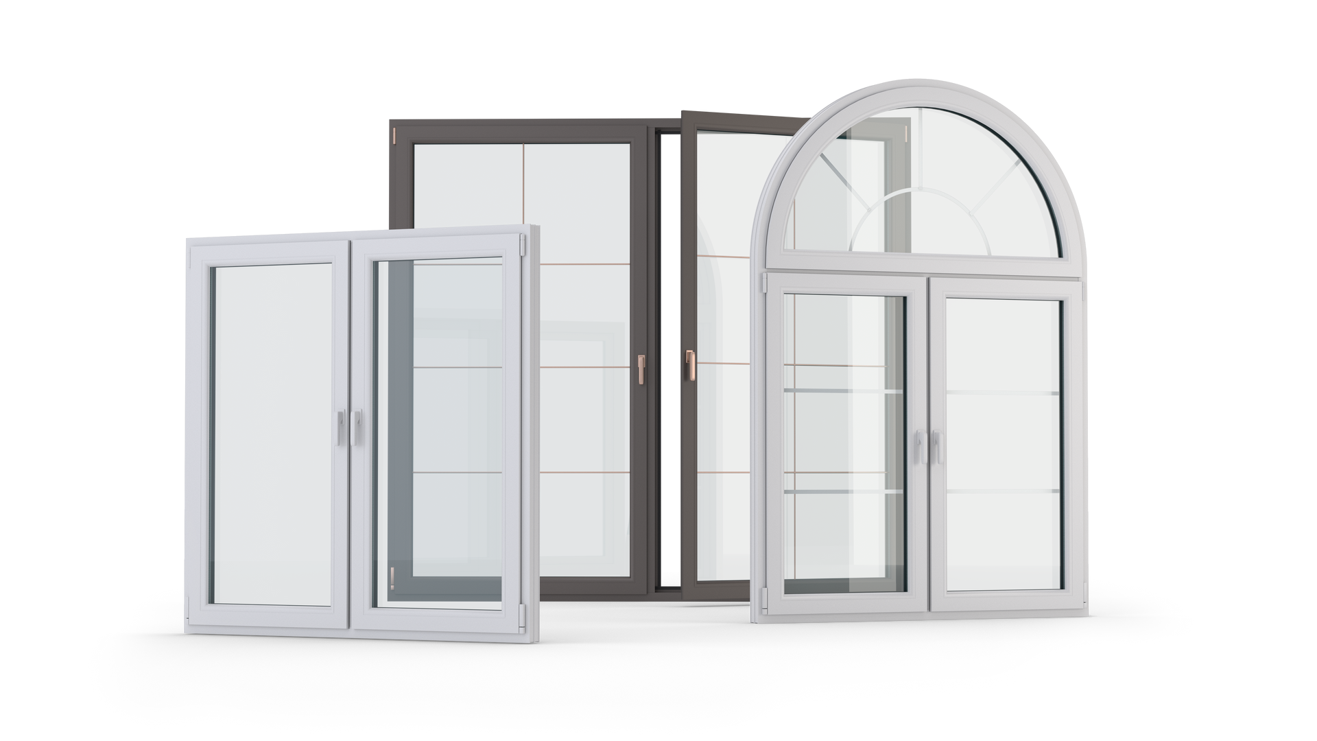 Cadres de fenêtres et de portes blancs et gris assortis, disposés sur fond blanc.
