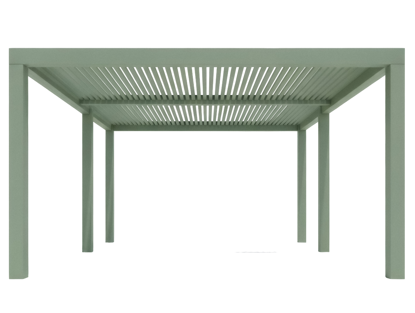 Pergola en métal vert avec toit à claire-voie et quatre poteaux sur fond blanc.