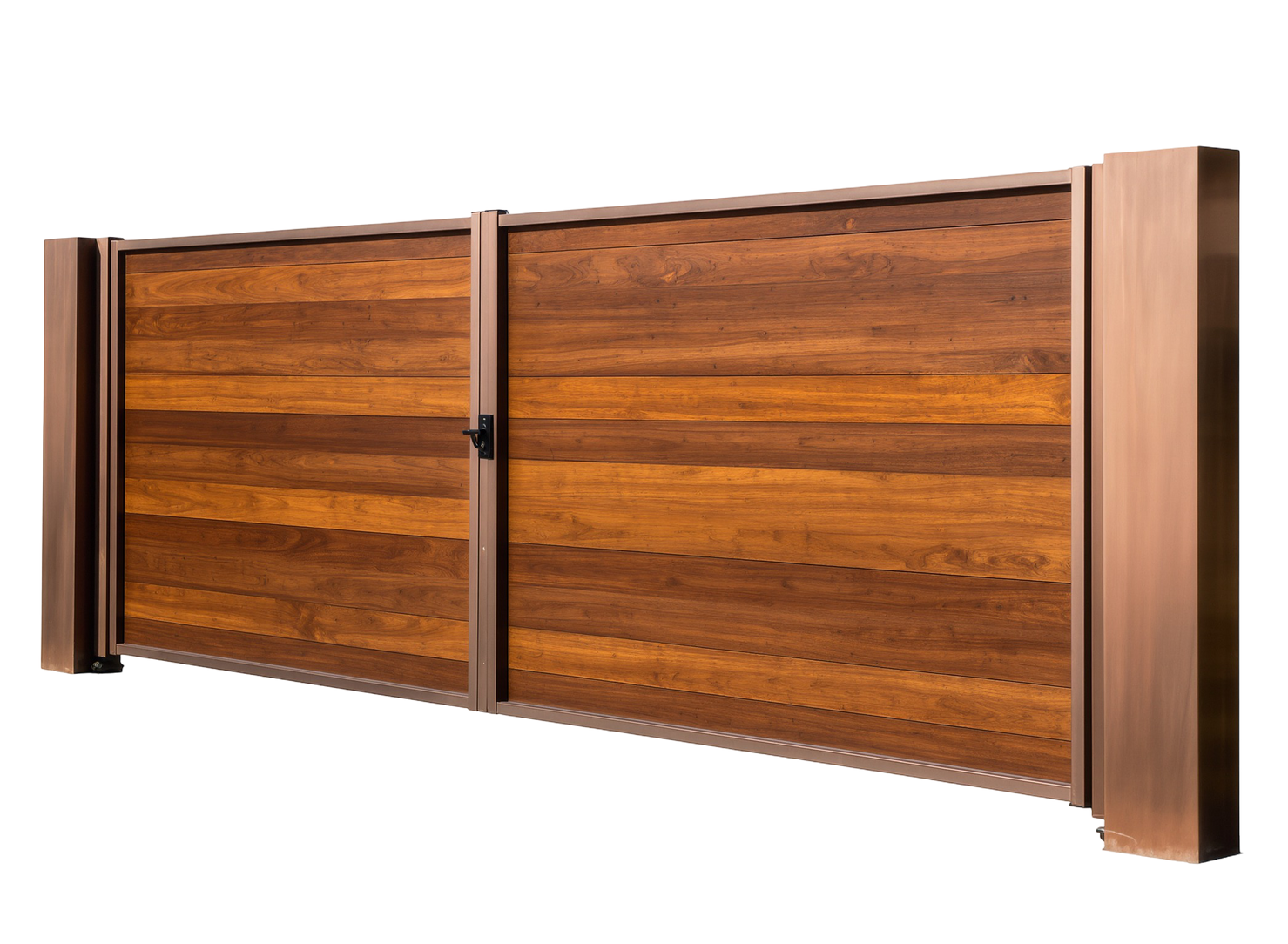 Portail double en bois à panneaux horizontaux et poteaux en bois clair sur fond blanc.