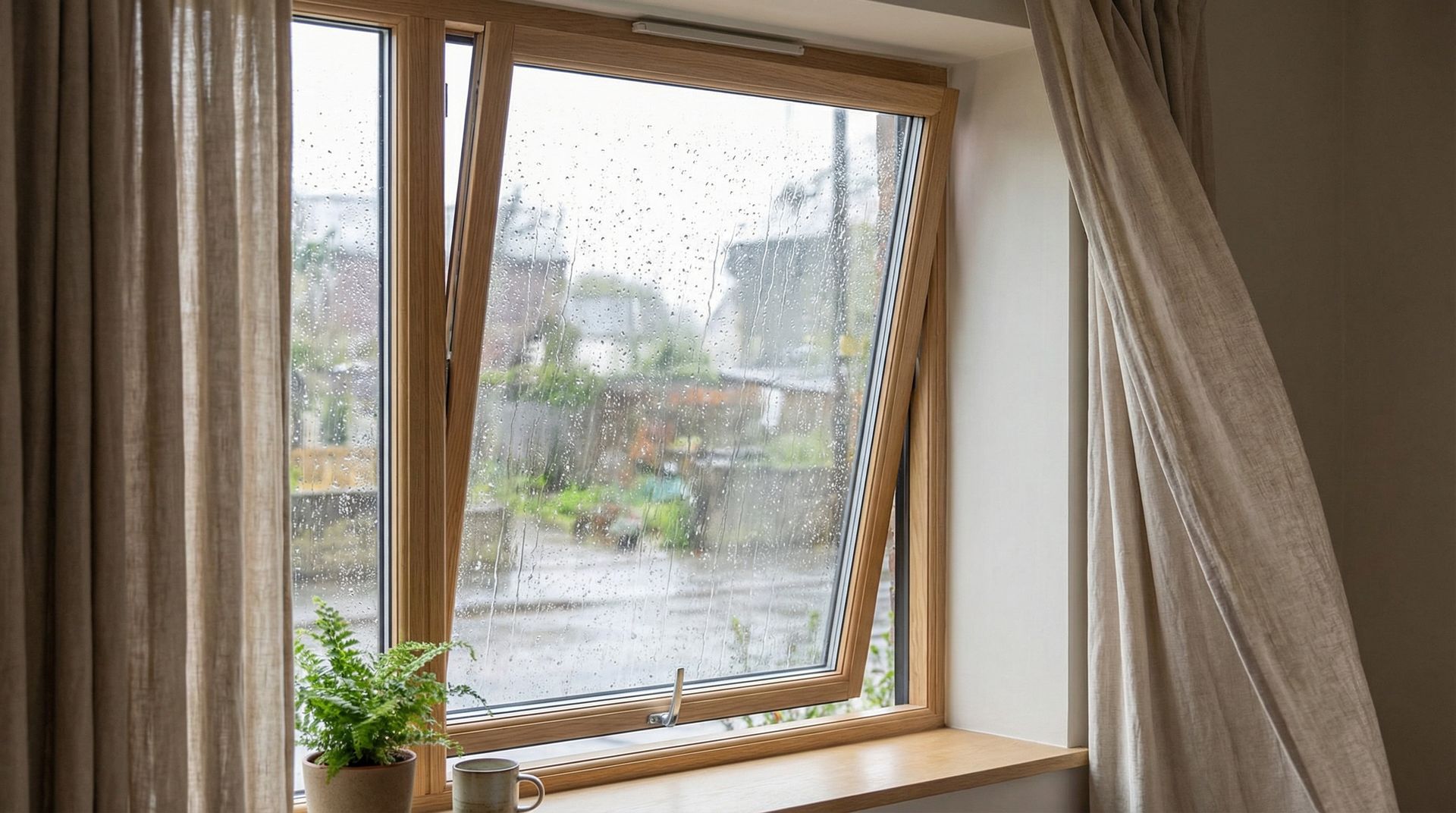 Fenêtre à cadre en bois, rideaux beiges et petite plante en pot sur le rebord.