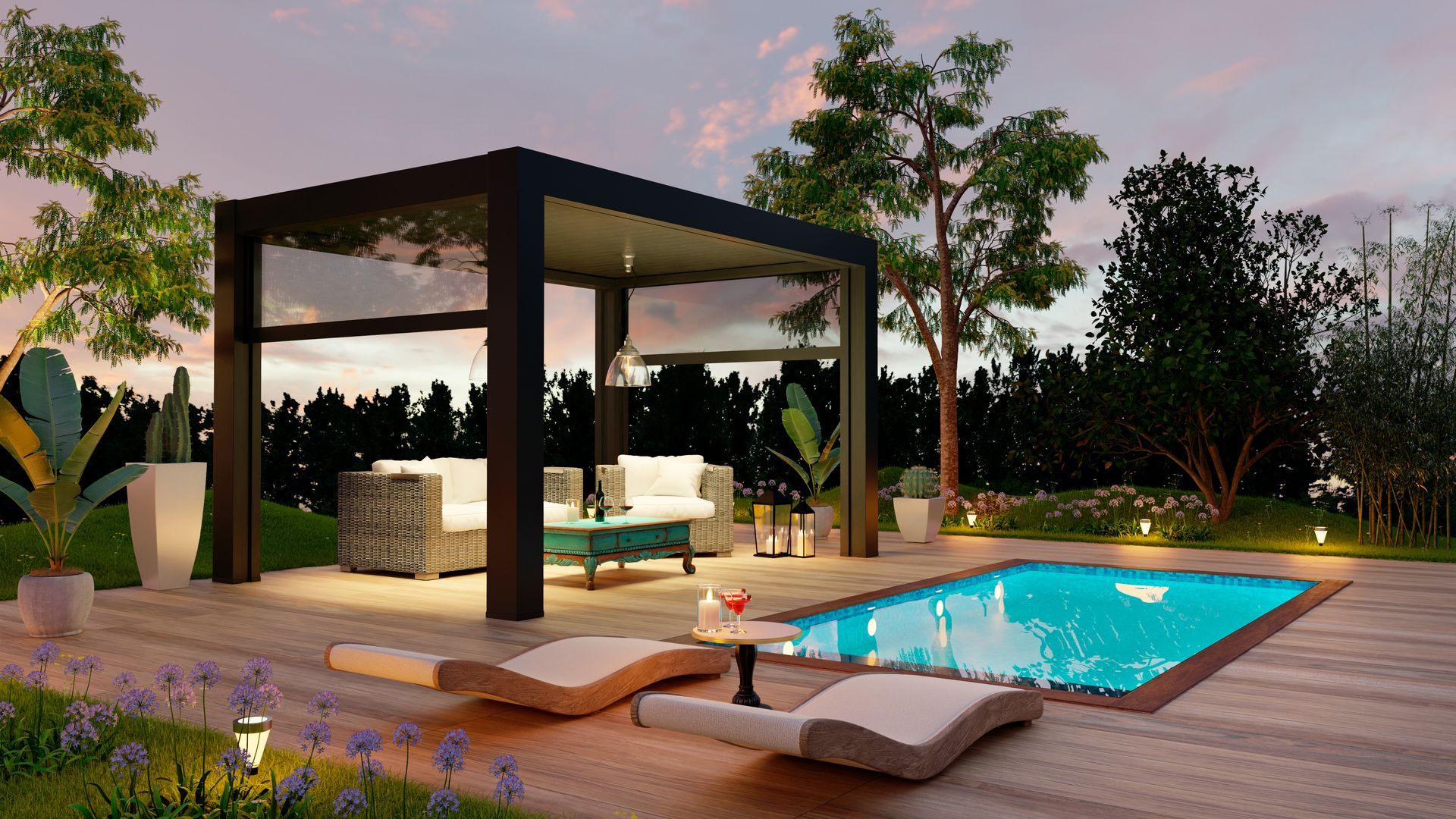 Patio de jardin moderne avec pergola, chaises longues et piscine éclairée au crépuscule.