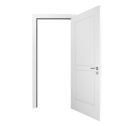 Porte blanche ouverte avec poignée argentée, légèrement entrouverte dans une entrée blanche.