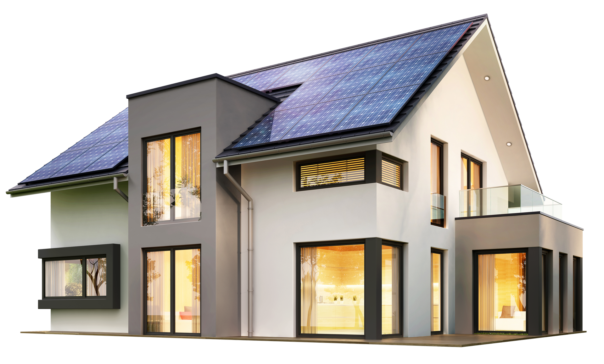 Maison moderne à deux étages avec murs gris, grandes fenêtres et toit recouvert de panneaux solaires bleus.