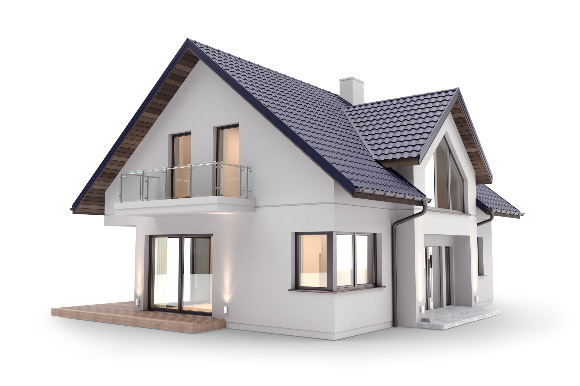 Maison moderne blanche à deux étages avec toit gris foncé et balcon sur fond blanc
