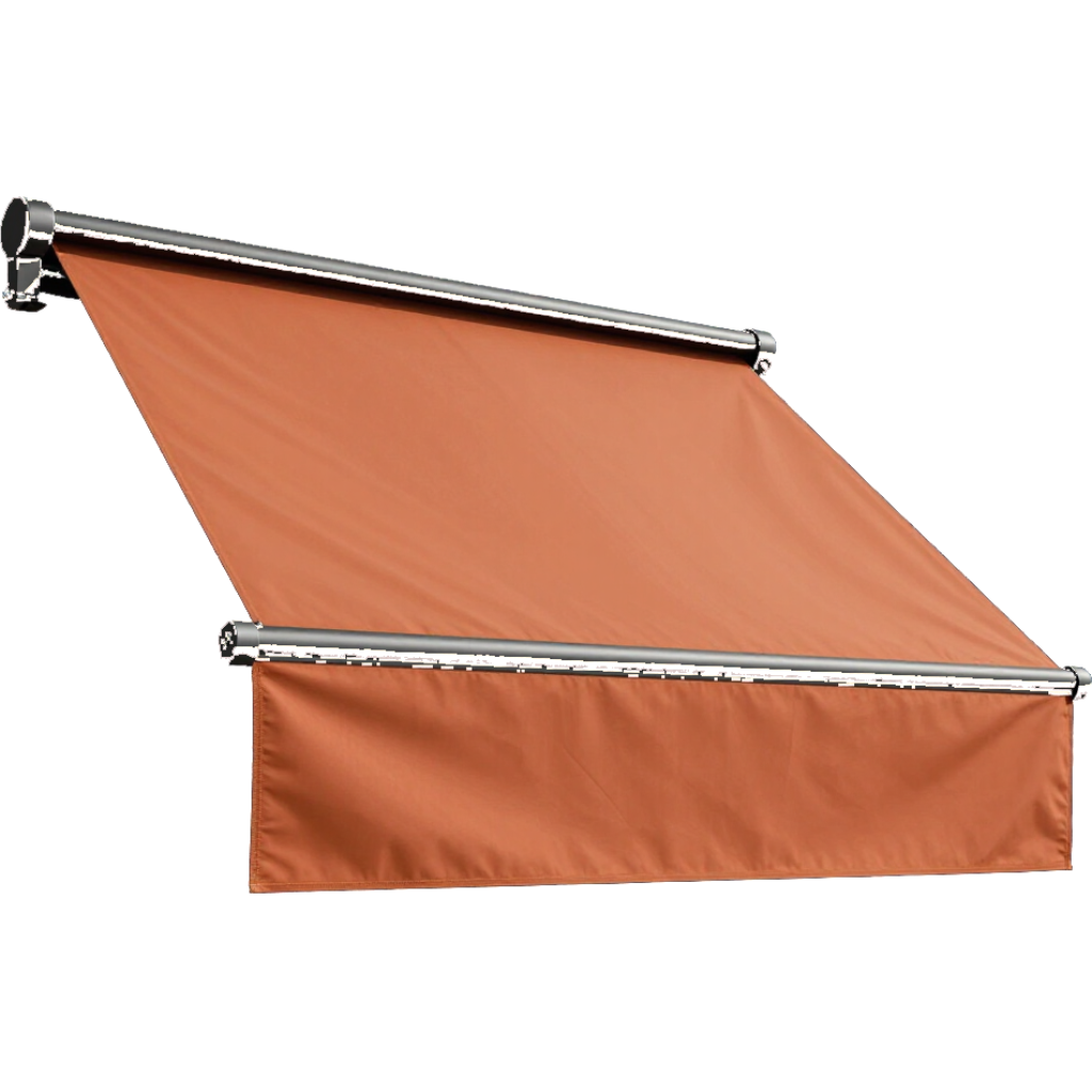 Store banne rétractable orange avec cadre argenté, déployé vers l'extérieur.