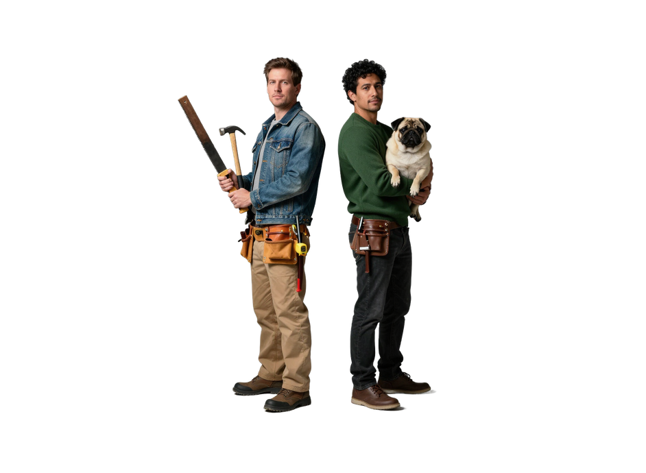 Deux hommes dos à dos : l'un tient des outils, l'autre un carlin, tous deux en vêtements décontractés.