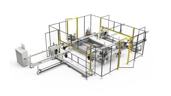 Ligne d'emballage industrielle automatisée avec barrière de sécurité et convoyeurs