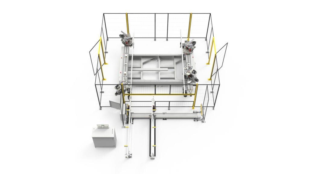 Machine industrielle sur fond blanc avec rambardes de sécurité jaunes et petit boîtier de commande à gauche