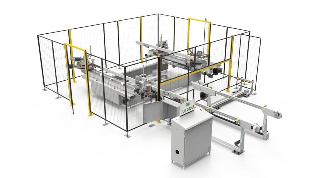 Ligne d'automatisation industrielle avec barrière de sécurité jaune et convoyeurs gris dans un environnement d'usine
