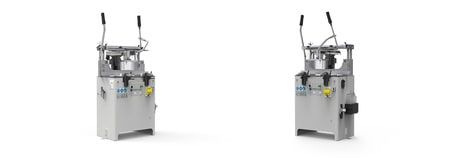Deux vues d'une machine industrielle en acier inoxydable sur fond blanc