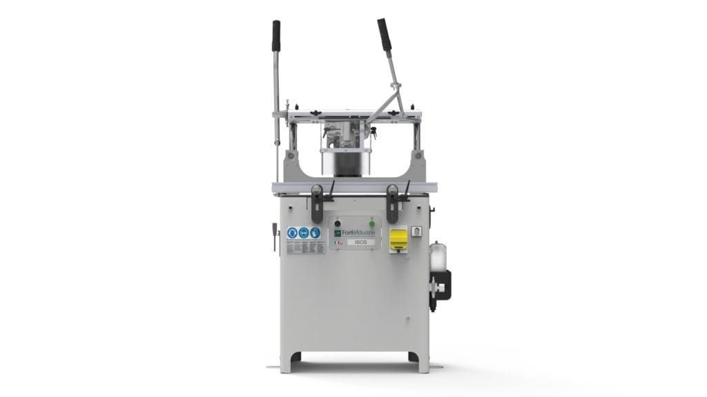Machine industrielle en métal avec deux poignées verticales sur le dessus, vue de face sur fond blanc