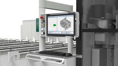 Machine industrielle avec panneau de commande tactile affichant un modèle 3D dans un environnement d'usine