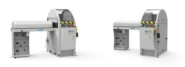 Deux machines industrielles grises, à dessus arqué et armoires latérales, sont présentées sur fond blanc.
