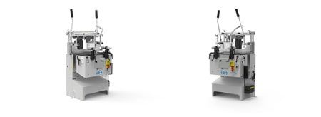 Deux machines-outils industrielles avec panneaux de commande, présentées côte à côte sur fond blanc.