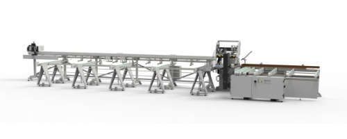 Ligne de convoyage automatisée industrielle avec structure métallique, rouleaux et armoire de commande sur fond blanc