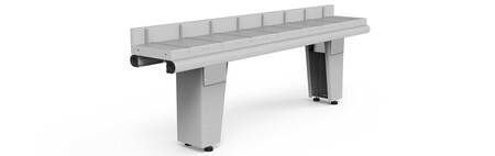 Banc de parc moderne en béton blanc avec supports gris sur fond blanc uni