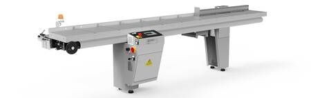 Machine à convoyeur industriel avec cadre gris et étiquettes d'avertissement de sécurité sur fond blanc