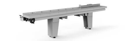 Section de rouleau de convoyeur industriel gris avec cadre et supports métalliques sur fond blanc