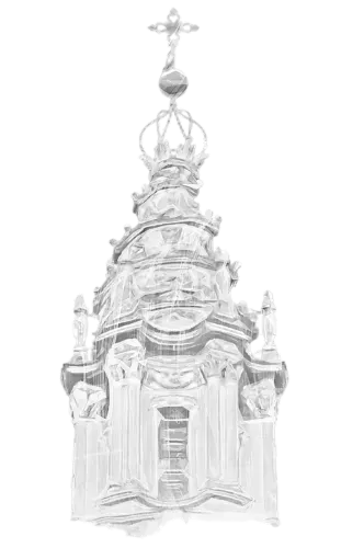 A black and white drawing of a church with a cross on top.