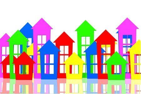 Una hilera de casas de colores sobre un fondo blanco.