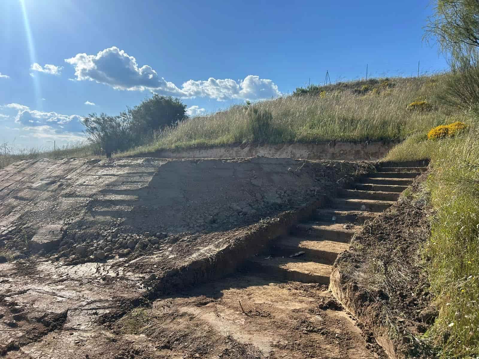 Escalera excavada en una ladera de tierra que conduce hacia arriba. Cubierta de hierba y flores silvestres; sol radiante.