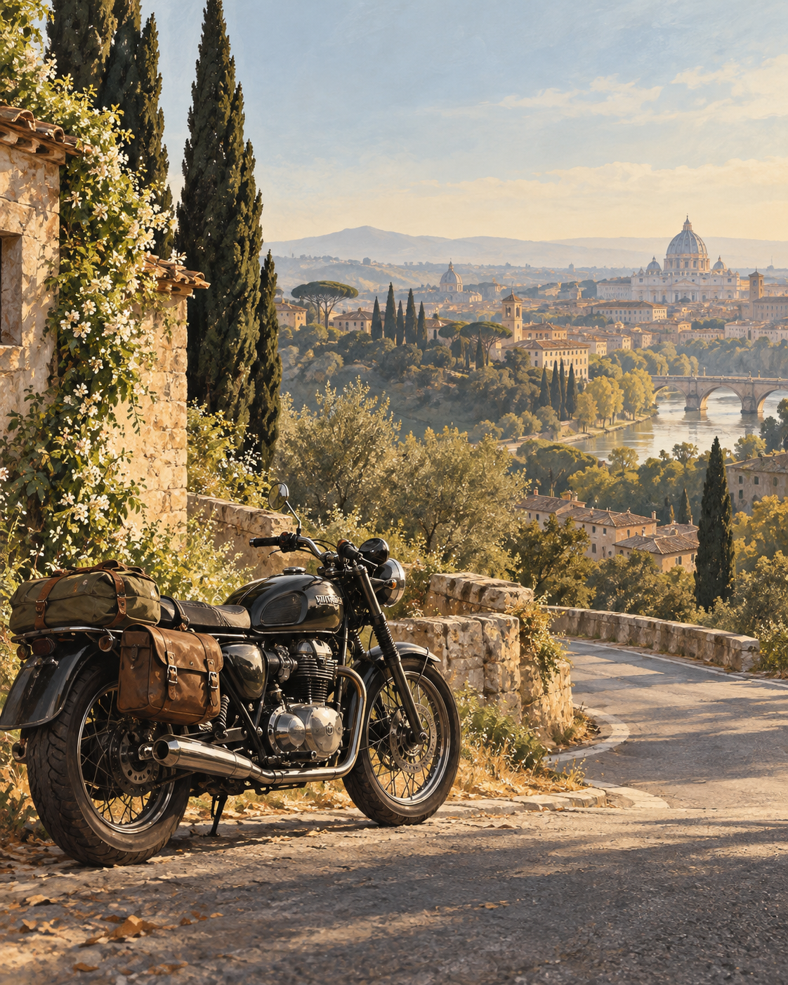 Ilustracja redakcyjna: motocykl turystyczny i panorama Rzymu